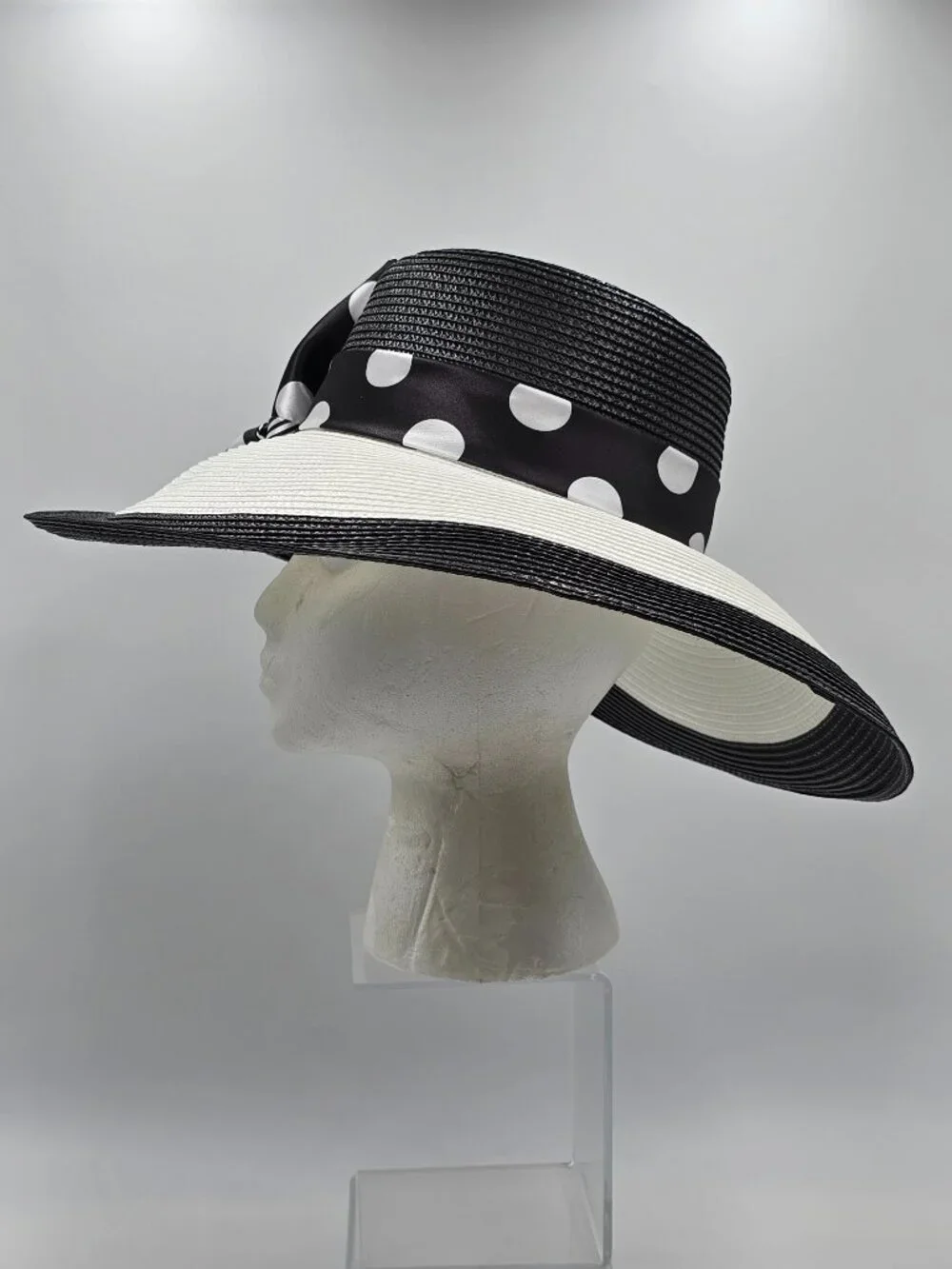 August Hat Company B&W Wide Brim Hat with Polka-Dot & Striped Accent Bow